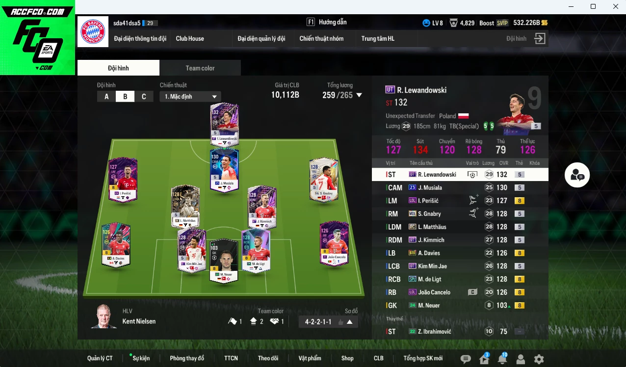 Bayern Munich 10.110b có Lewandowski UT, Gnabry MDL, Musiala 23UCL, Matthaus DC, Kimmich UT, De Ligt SPL, Perisic LOL... dư 530b